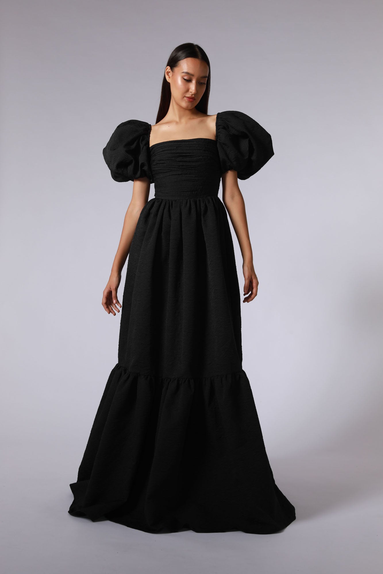 Medeline Tiered Puff Sleeve Cloqué Gown