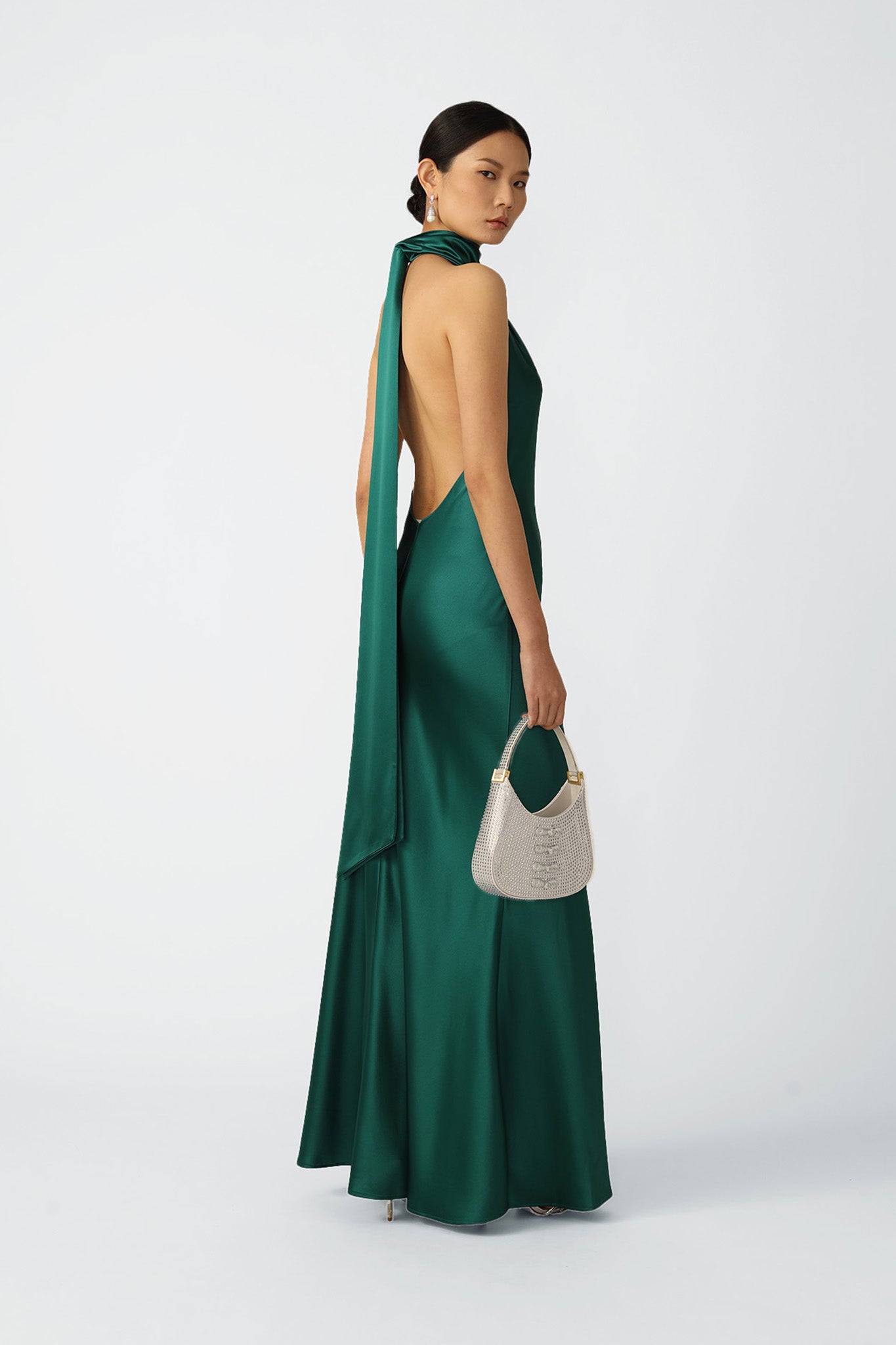 SAU LEE Penelope Backless Satin Gown - Emerald / 00