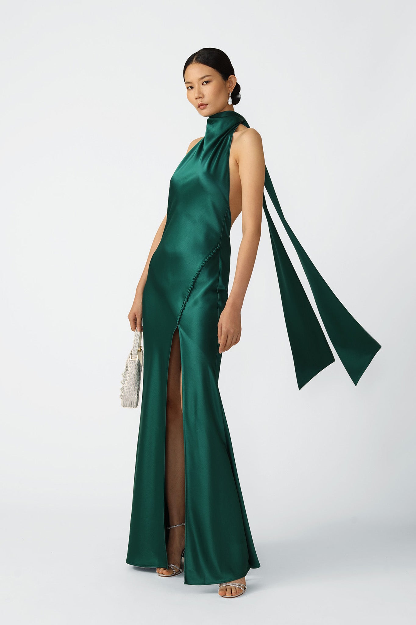 SAU LEE Penelope Backless Satin Gown - Emerald / 00