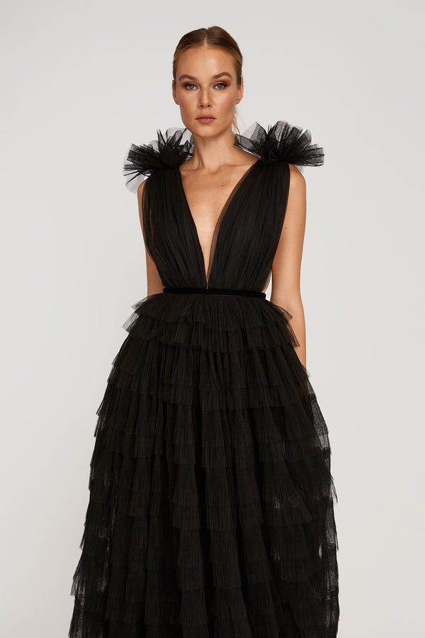 Sabrina Ruffled Backless Tulle Gown