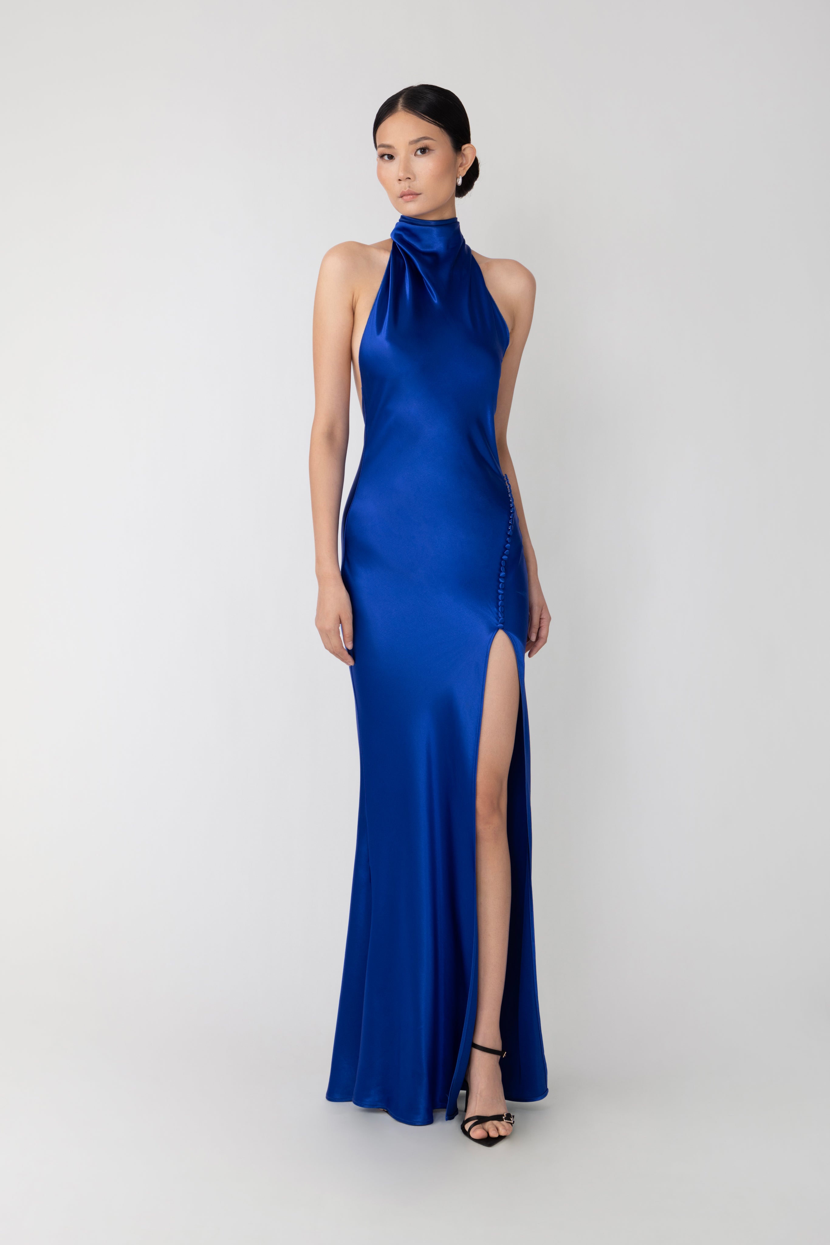 SAU LEE Penelope Backless Satin Gown - Egyptian Blue / 00