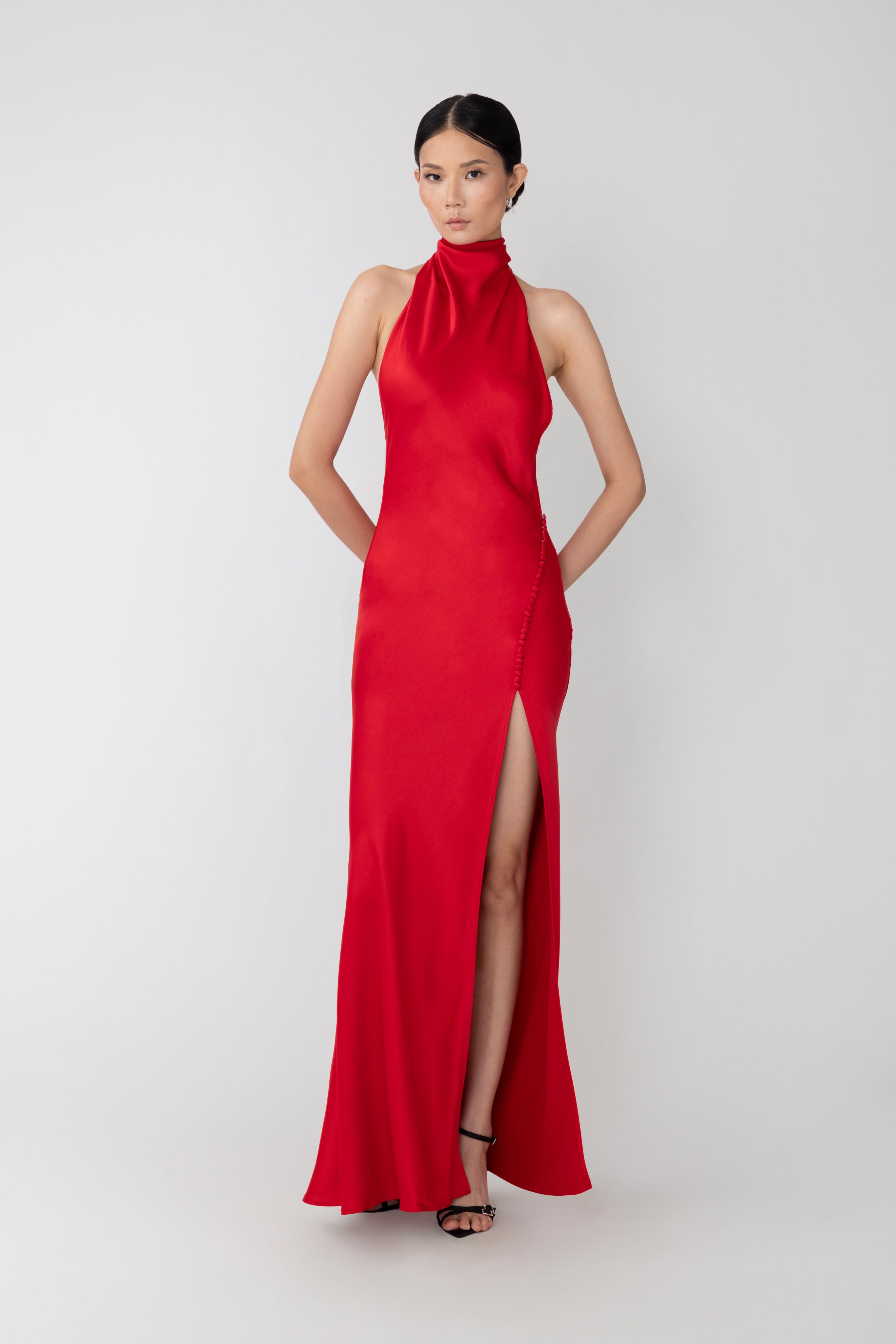 SAU LEE Penelope Backless Satin Gown - Red / 00