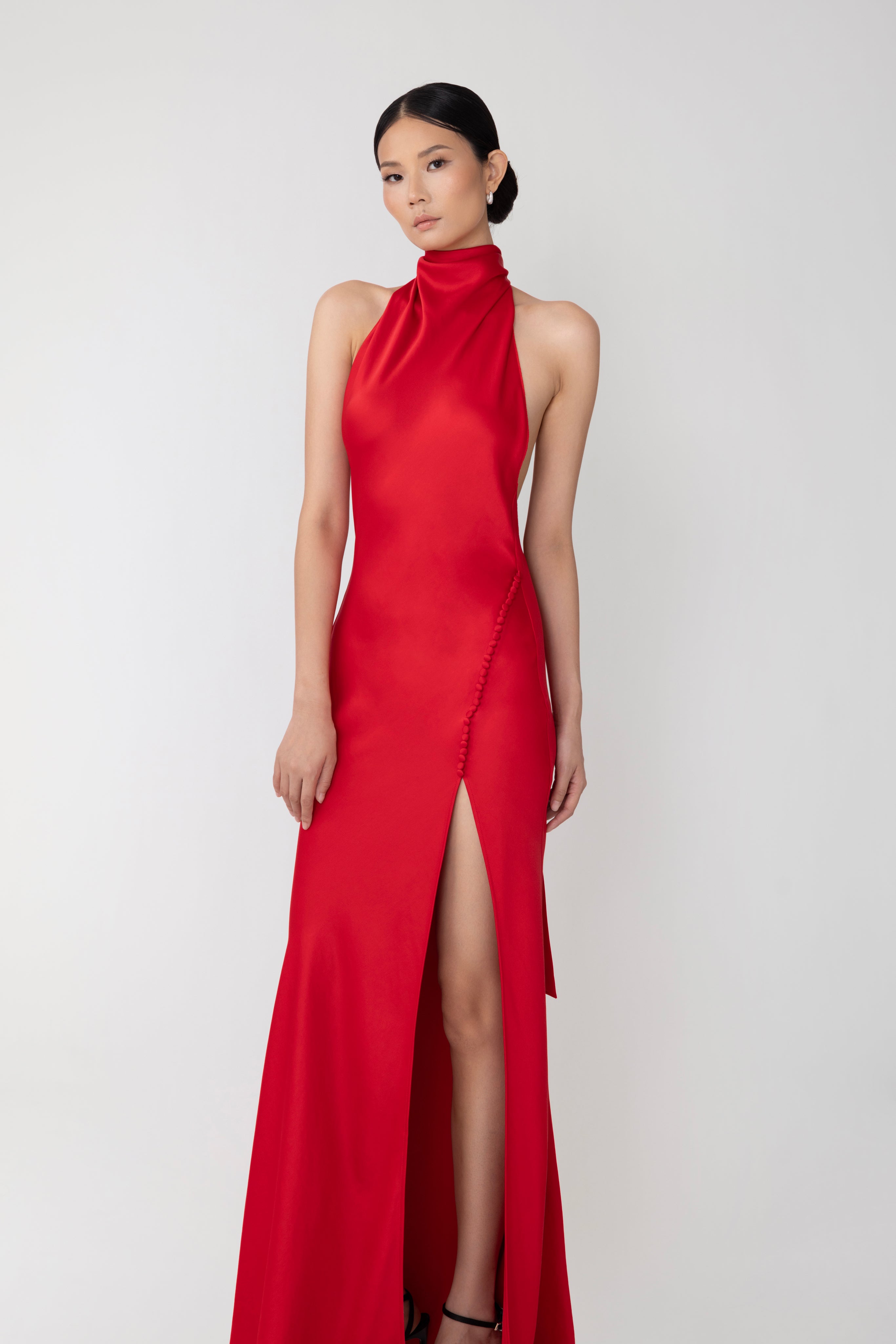 SAU LEE Penelope Backless Satin Gown - Red / 00