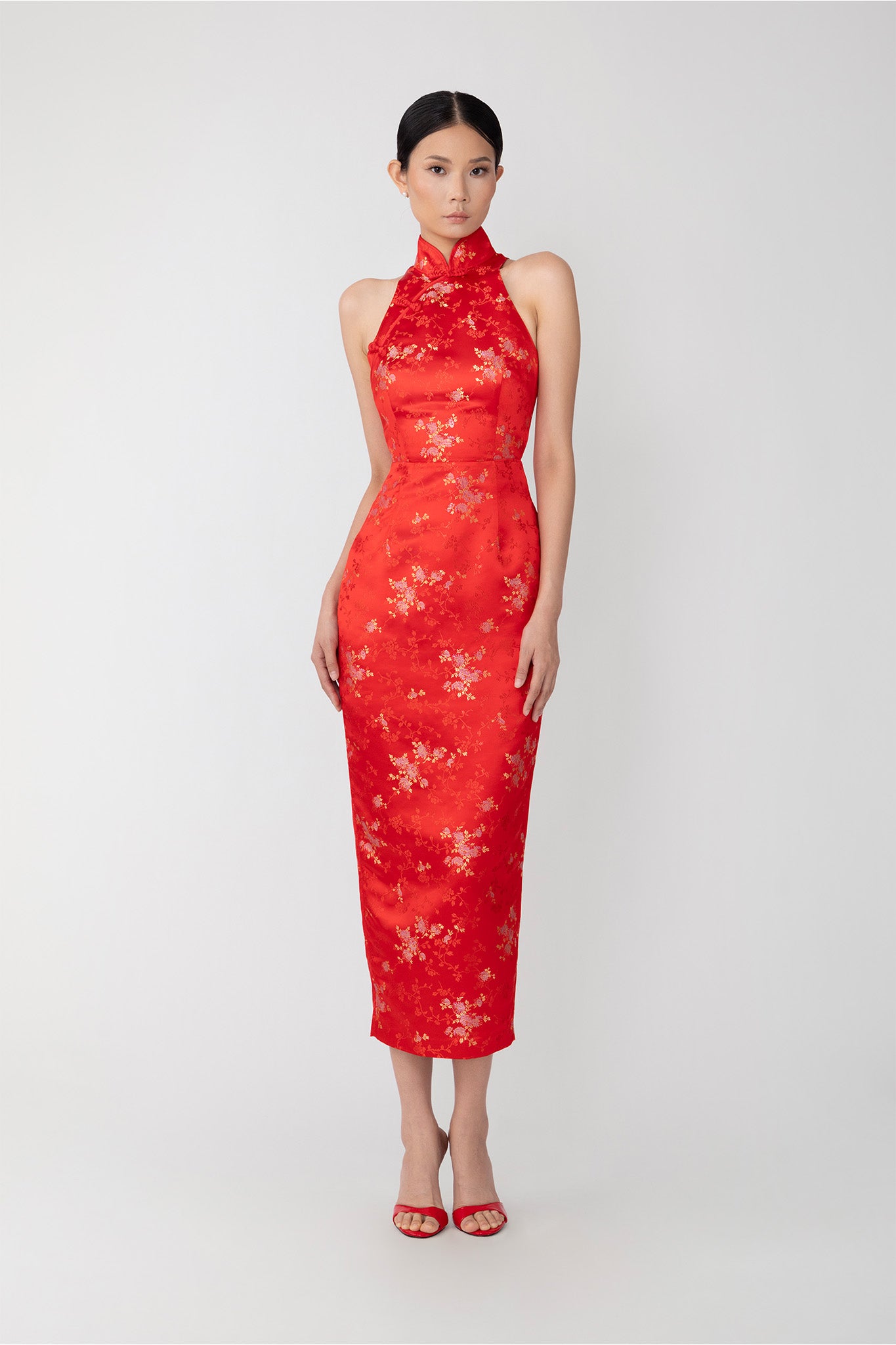 SAU LEE Jill Chinese Jacquard Pencil Dress - Red / 00