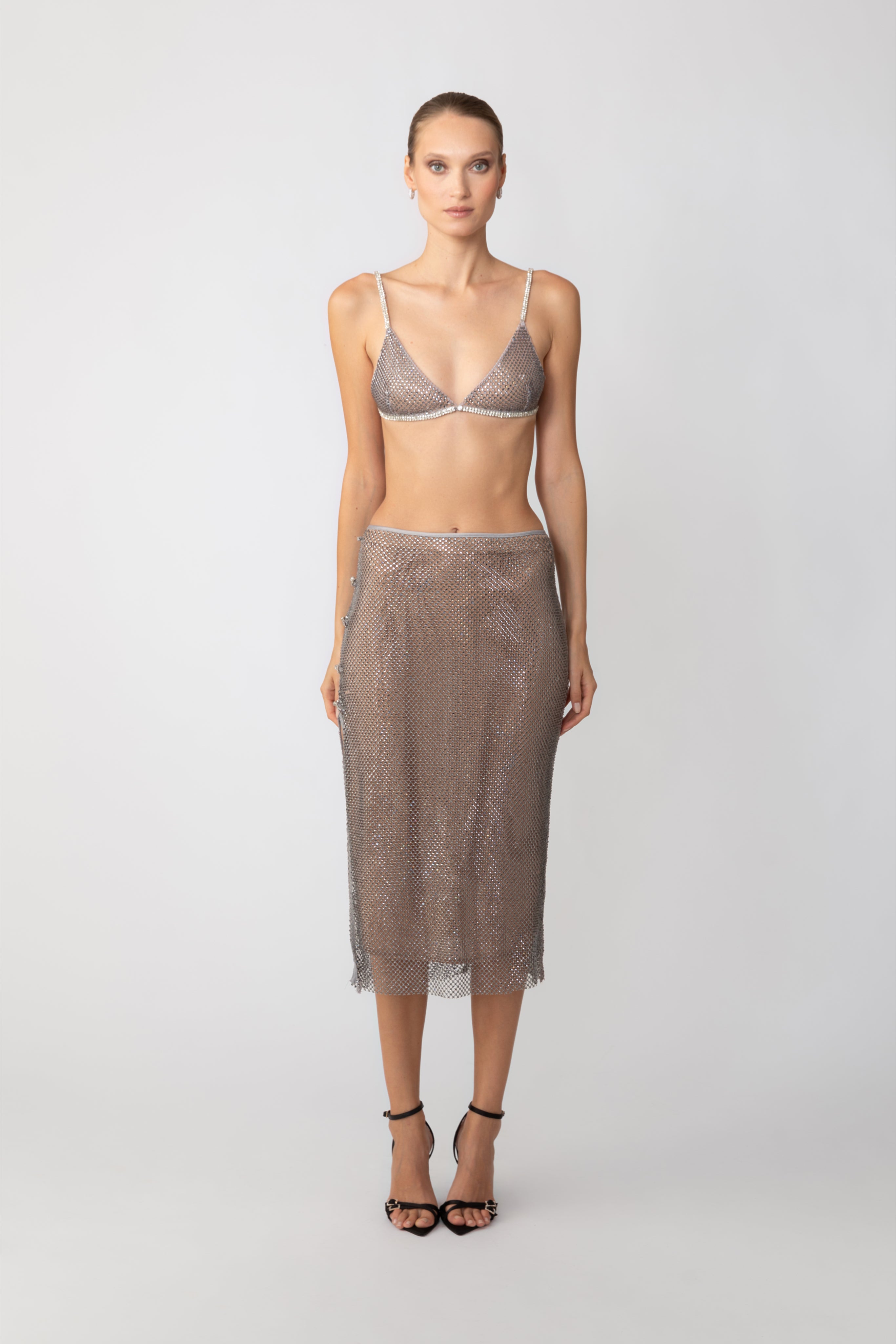 SAU LEE Carter Crystal Skirt - Silver / 0