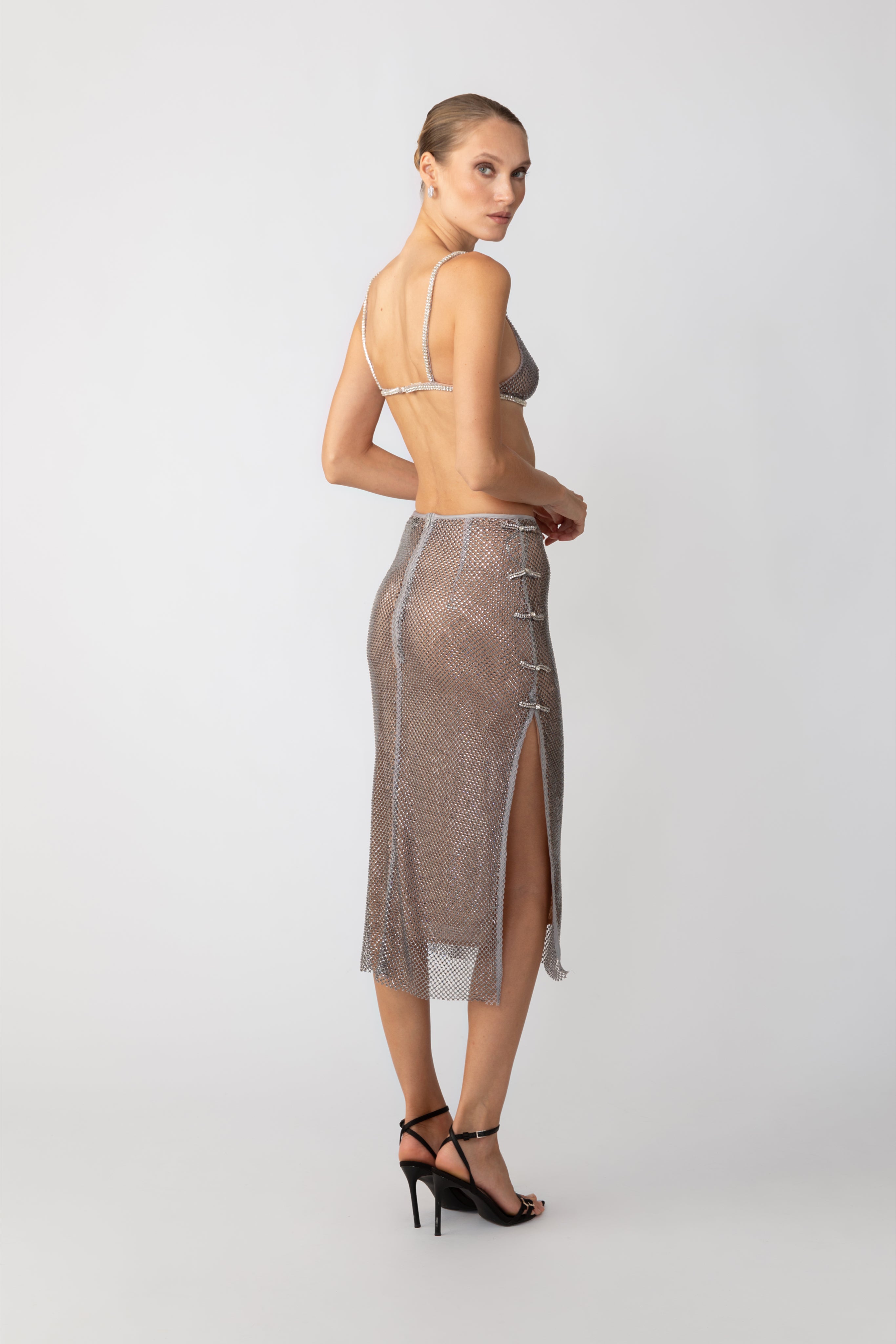 SAU LEE Carter Crystal Skirt - Silver / 0