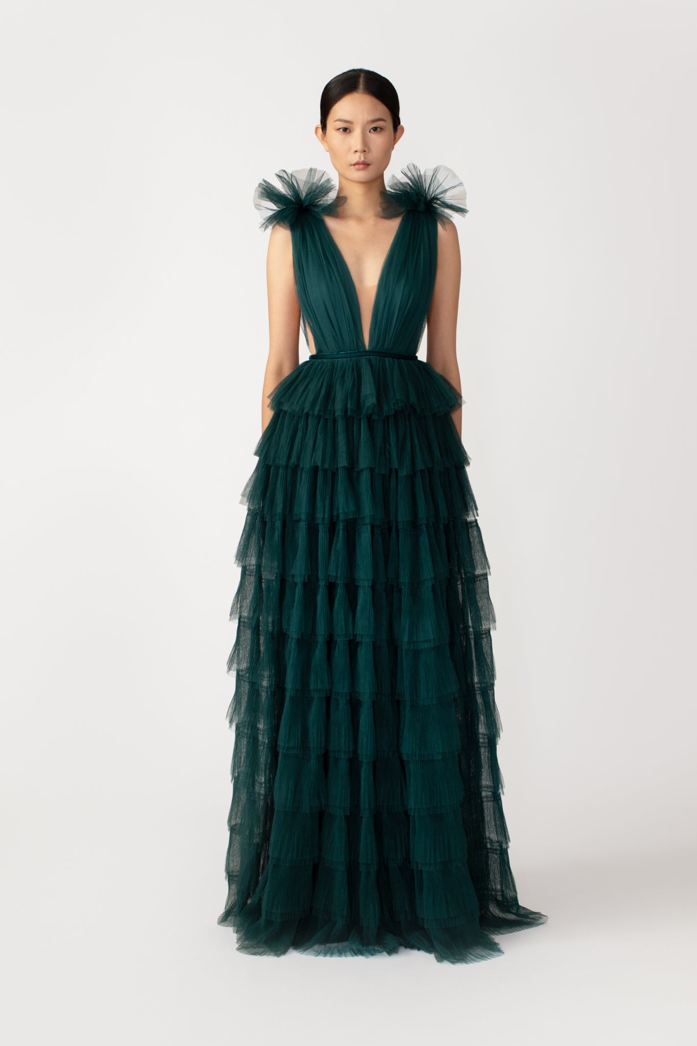 SAU LEE Sabrina Tulle Gown - Emerald / 00