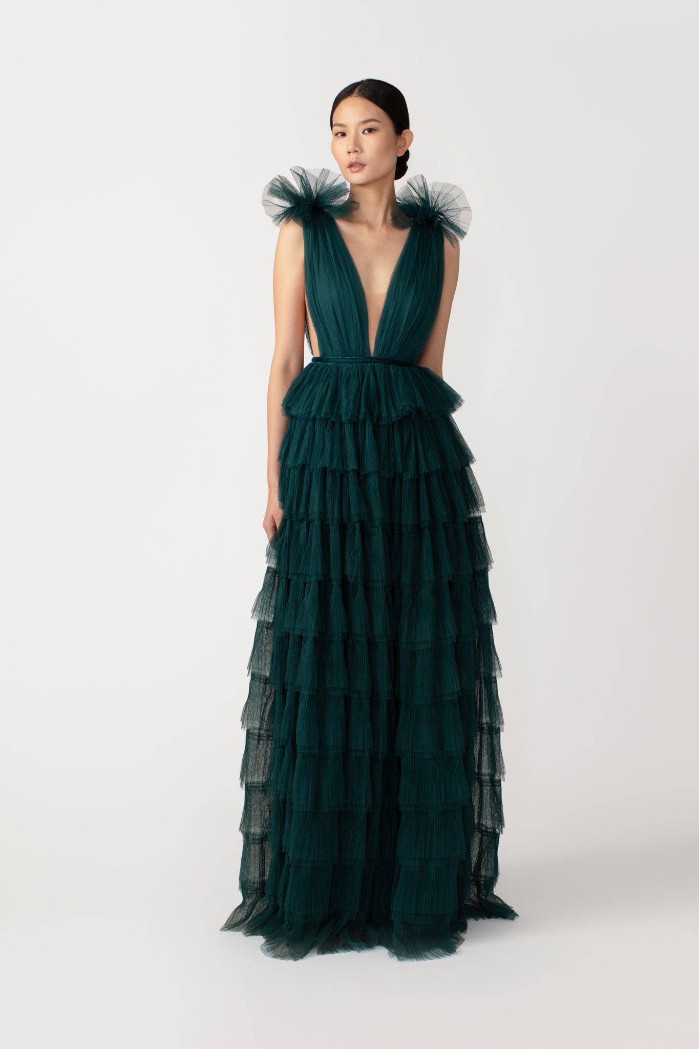 SAU LEE Sabrina Tulle Gown - Emerald / 00