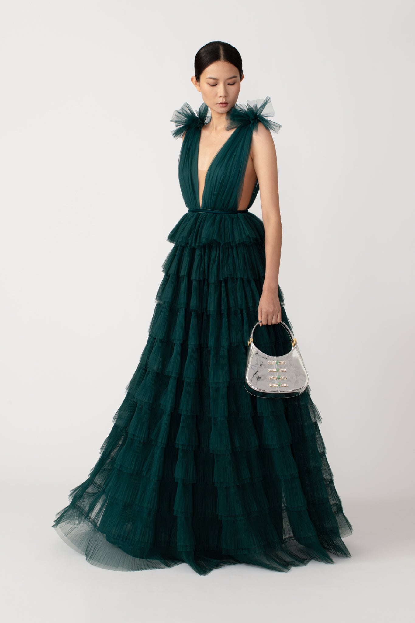 SAU LEE Sabrina Tulle Gown - Emerald / 00