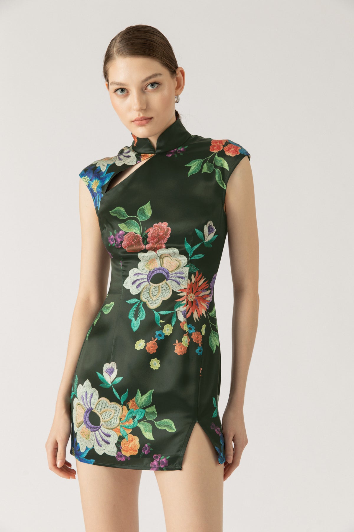 Devon Floral Print Satin Cheongsam Mini Dress – SAU LEE